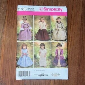 Simplicity Doll Dress Pattern in Purple, Blue, Cream, Brown and Gold